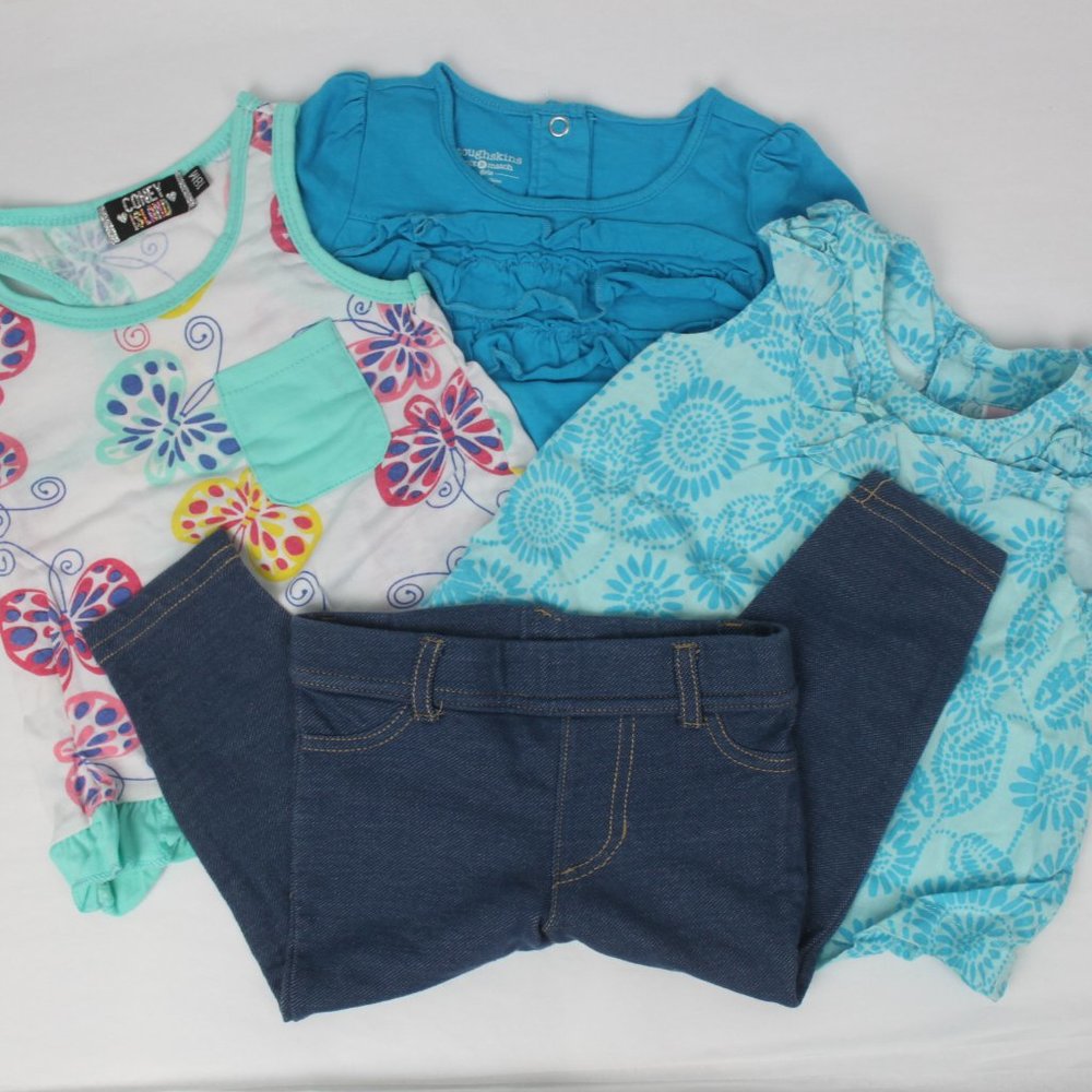 Baby Girl Lot Blue Short Sleeve Shirts Pants Spring Outfit Set